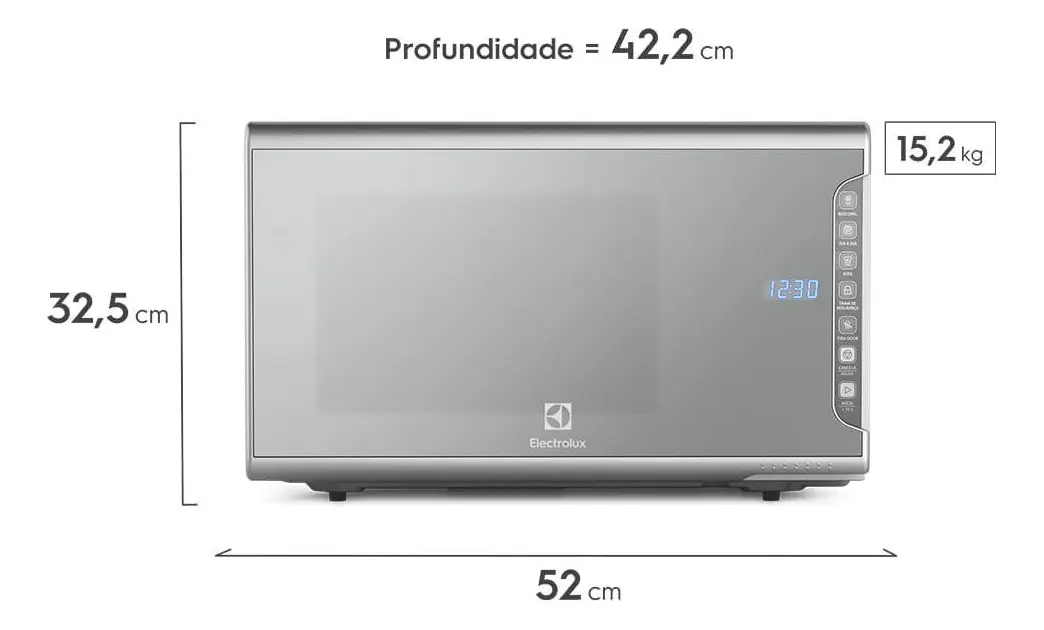Medidas do micro-ondas: 52 cm de largura, 32,5 cm de altura e 42,2 cm de profundidade